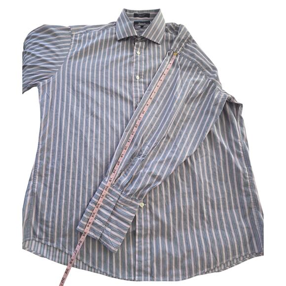Faconnable French Cuff Dress Shirt 6/17R Blue Pink Stripe Made in USA Luxury - Picture 7 of 8